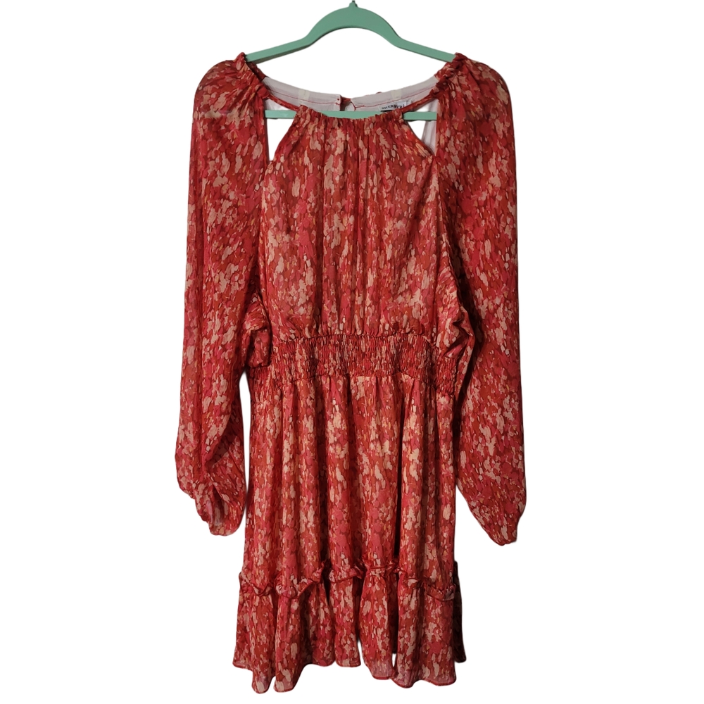Chic Long Sleeve Floral Dress in Orangish Red Size XL
